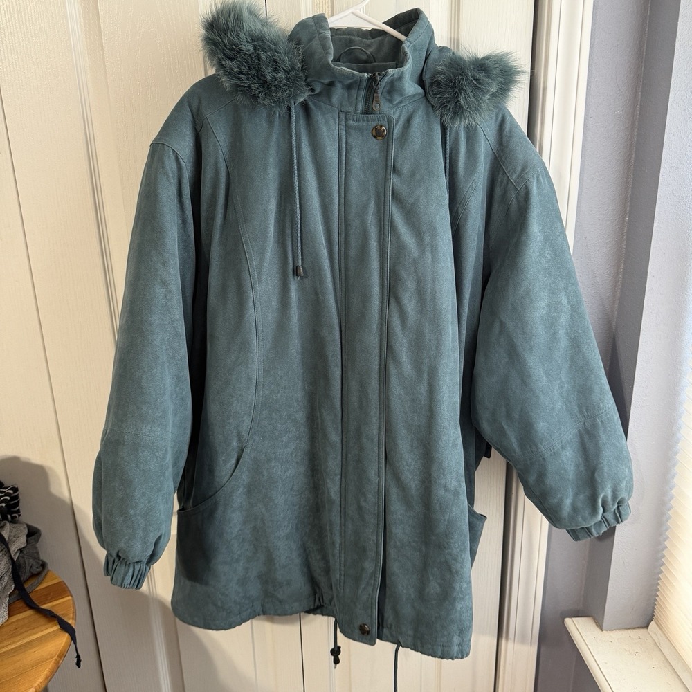 Bromley Sport Vintage Faux Suede Fox Fur Trim Teal Full Zip Coat Women's Size 3X
